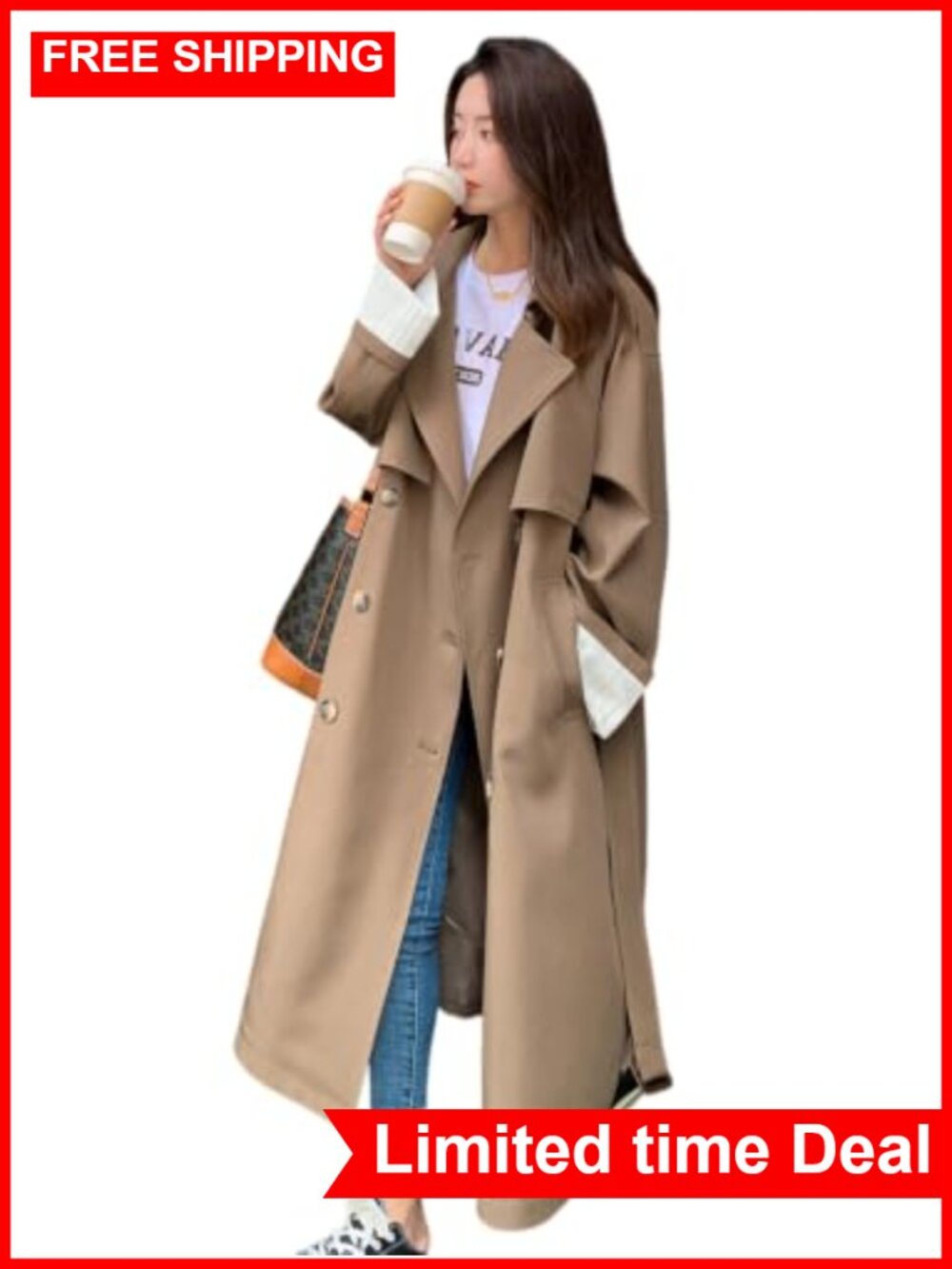 Oversized Double Breasted Long Trench Coat Women Raglan Sleeve Loose Fit